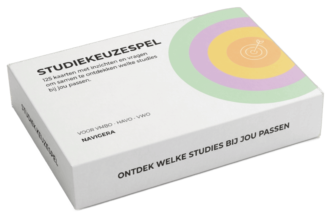 Doosje van het Navigera Studiekeuzespel, een kaartspel voor studiekeuzehulp