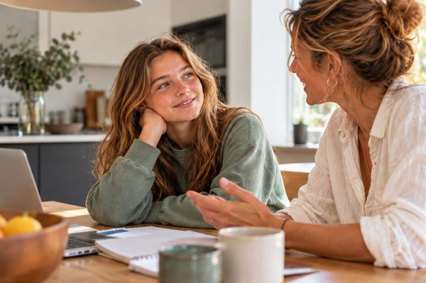 Twee mensen voeren een gesprek aan tafel
