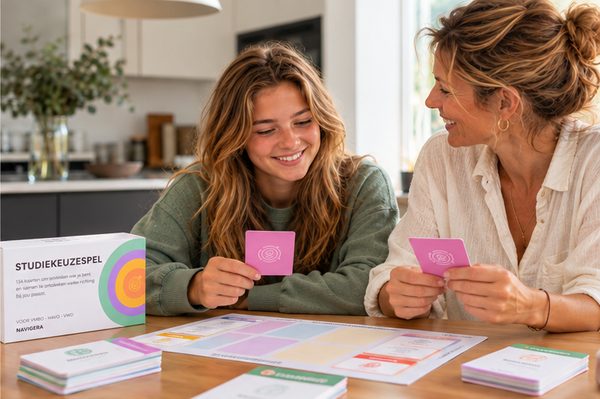 Twee mensen spelen het Studiekeuzespel met kaarten op de overzichtsmap