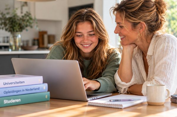 Twee mensen onderzoeken opleidingen achter de laptop