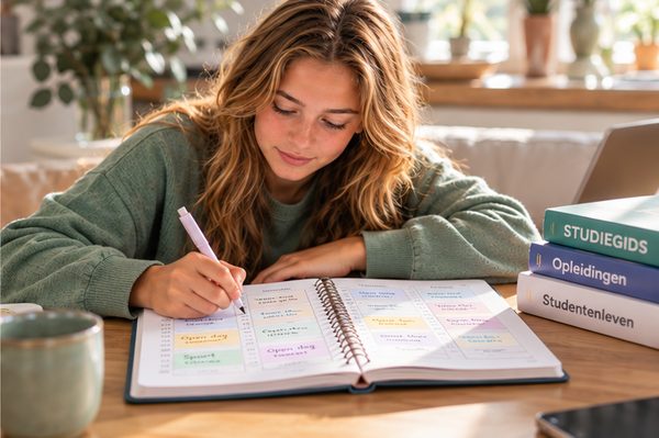 Iemand schrijft een concreet actieplan in een agenda